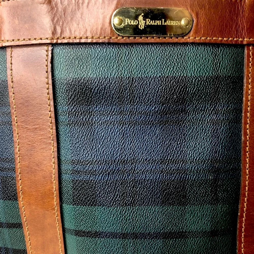RALPH LAUREN Black Watch Plaid Oversized Coated Canvas Brown Leather Travel Bag